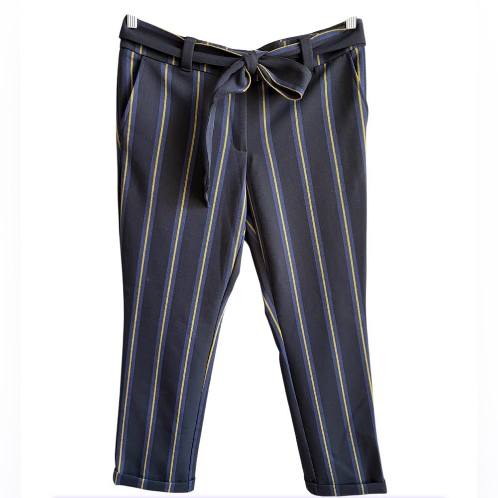 Loft - Women's Cuffed Cropped Strip Paper Bag Pant - Size 8 - Navy & Yellow
